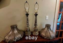 Pair of wonderful vintage silver ornate metal lamps with metal shades 31 tall