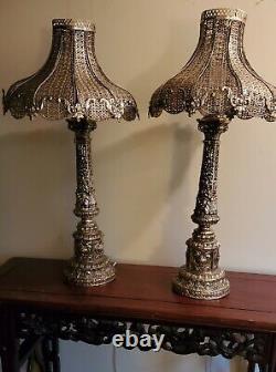 Pair of wonderful vintage silver ornate metal lamps with metal shades 31 tall