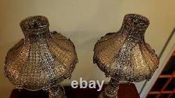 Pair of wonderful vintage silver ornate metal lamps with metal shades 31 tall