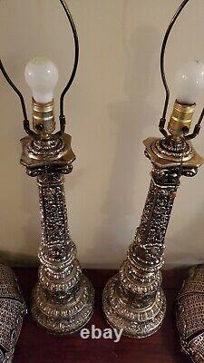 Pair of wonderful vintage silver ornate metal lamps with metal shades 31 tall