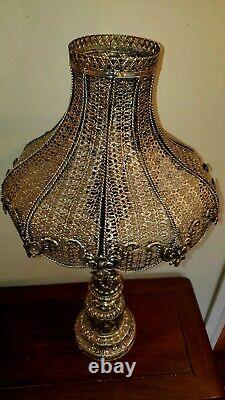 Pair of wonderful vintage silver ornate metal lamps with metal shades 31 tall