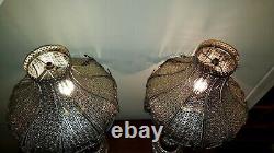 Pair of wonderful vintage silver ornate metal lamps with metal shades 31 tall