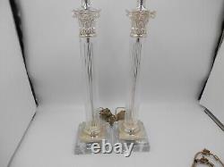 Pair of working Vintage Speer Corinthian column table lamps silver and crystal