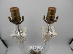 Pair of working Vintage Speer Corinthian column table lamps silver and crystal