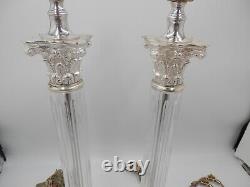 Pair of working Vintage Speer Corinthian column table lamps silver and crystal