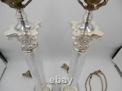 Pair of working Vintage Speer Corinthian column table lamps silver and crystal