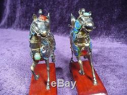 Pair vintage Chinese silver enamel horses jade and agate inlay
