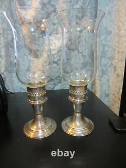 Pair vintage GORHAM sterling weighted candle holders with glass hurricane shades