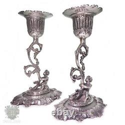 Pair vintage Italian solid silver cherub candlesticks