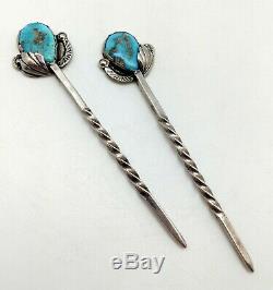 Pair vintage Native American Navajo silver turquoise hairpins, heavy, Simplicio