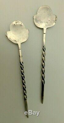 Pair vintage Native American Navajo silver turquoise hairpins, heavy, Simplicio