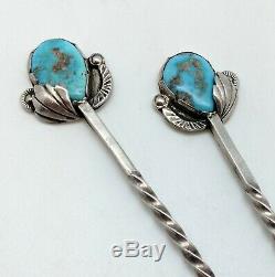 Pair vintage Native American Navajo silver turquoise hairpins, heavy, Simplicio