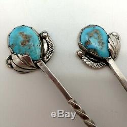 Pair vintage Native American Navajo silver turquoise hairpins, heavy, Simplicio