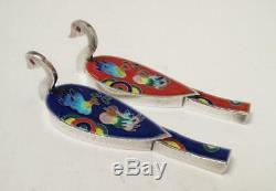 Pure Silver Cloisonne Enamel Vintage Korean Wedding Ducks Pair Hallmarked