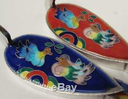 Pure Silver Cloisonne Enamel Vintage Korean Wedding Ducks Pair Hallmarked