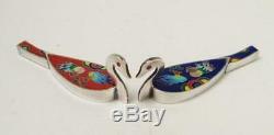 Pure Silver Cloisonne Enamel Vintage Korean Wedding Ducks Pair Hallmarked