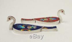 Pure Silver Cloisonne Enamel Vintage Korean Wedding Ducks Pair Hallmarked