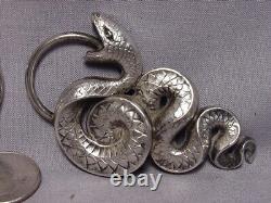 Rare Antique Sterling Silver Cobra Snake Pair of Sash Belt Buckles