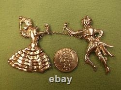 Rare Pair Of Silver Vtg Antique Chained Brooches, Spanish Man & Lady Dancers