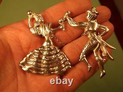 Rare Pair Of Silver Vtg Antique Chained Brooches, Spanish Man & Lady Dancers