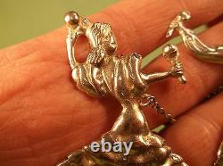 Rare Pair Of Silver Vtg Antique Chained Brooches, Spanish Man & Lady Dancers