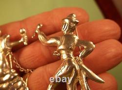 Rare Pair Of Silver Vtg Antique Chained Brooches, Spanish Man & Lady Dancers