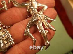 Rare Pair Of Silver Vtg Antique Chained Brooches, Spanish Man & Lady Dancers