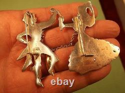 Rare Pair Of Silver Vtg Antique Chained Brooches, Spanish Man & Lady Dancers