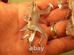 Rare Pair Of Silver Vtg Antique Chained Brooches, Spanish Man & Lady Dancers