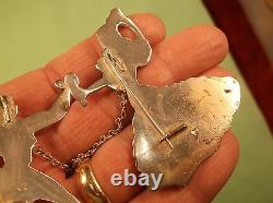 Rare Pair Of Silver Vtg Antique Chained Brooches, Spanish Man & Lady Dancers