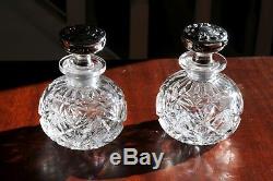 Rare Pair Sterling Silver & Cut Crystal Glass Cologne Bottles Antique Vintage