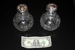 Rare Pair Sterling Silver & Cut Crystal Glass Cologne Bottles Antique Vintage