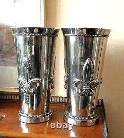 Rare Vintage Pair French Art Deco Silver Plated Fleur De Lys Metal Vases