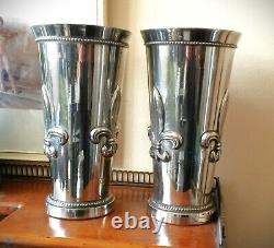 Rare Vintage Pair French Art Deco Silver Plated Fleur De Lys Metal Vases