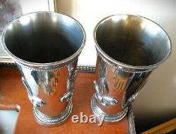 Rare Vintage Pair French Art Deco Silver Plated Fleur De Lys Metal Vases