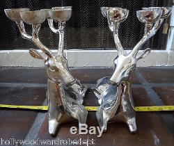 Reindeer silver antler candle holder 2x left right pair metal candelabra vtg