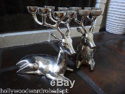 Reindeer silver antler candle holder 2x left right pair metal candelabra vtg