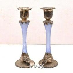 SET 2 Vintage Art Nouveau Candlesticks Silver Overlay Glass Candle Holders Pair
