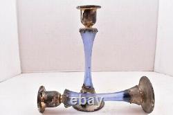 SET 2 Vintage Art Nouveau Candlesticks Silver Overlay Glass Candle Holders Pair