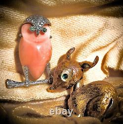SIGNED Hattie Carnegie DEER & OWL Pair Woodland FIGURAL Pins 60s Vintage Brooch