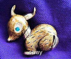 SIGNED Hattie Carnegie DEER & OWL Pair Woodland FIGURAL Pins 60s Vintage Brooch
