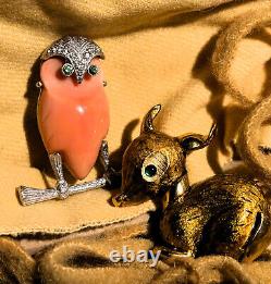 SIGNED Hattie Carnegie DEER & OWL Pair Woodland FIGURAL Pins 60s Vintage Brooch