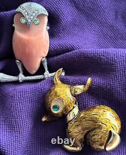 SIGNED Hattie Carnegie DEER & OWL Pair Woodland FIGURAL Pins 60s Vintage Brooch
