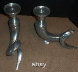 Set Pair 2 Large Ram Horn Shofar Metal Pillar Candle Holder Candlestick Silver