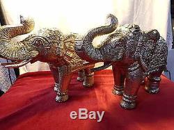 Silver Elephants Statue Tin Vintage Indian Oriental Animal Large Pair 35cm 5.2kg