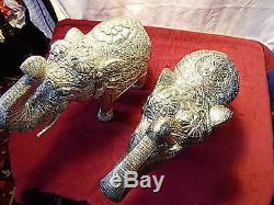 Silver Elephants Statue Tin Vintage Indian Oriental Animal Large Pair 35cm 5.2kg