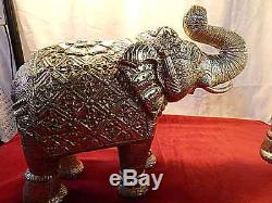 Silver Elephants Statue Tin Vintage Indian Oriental Animal Large Pair 35cm 5.2kg