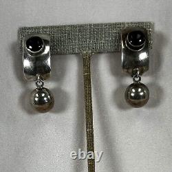 Silver and Onyx Clip-on Earrings, Vintage, 925 Sterling, Marked TO-88, Handmade