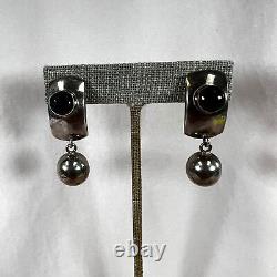 Silver and Onyx Clip-on Earrings, Vintage, 925 Sterling, Marked TO-88, Handmade