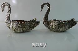 Solid Silver Pair Of Rare Antique Salt & Pepper Cellars Swan Shaped